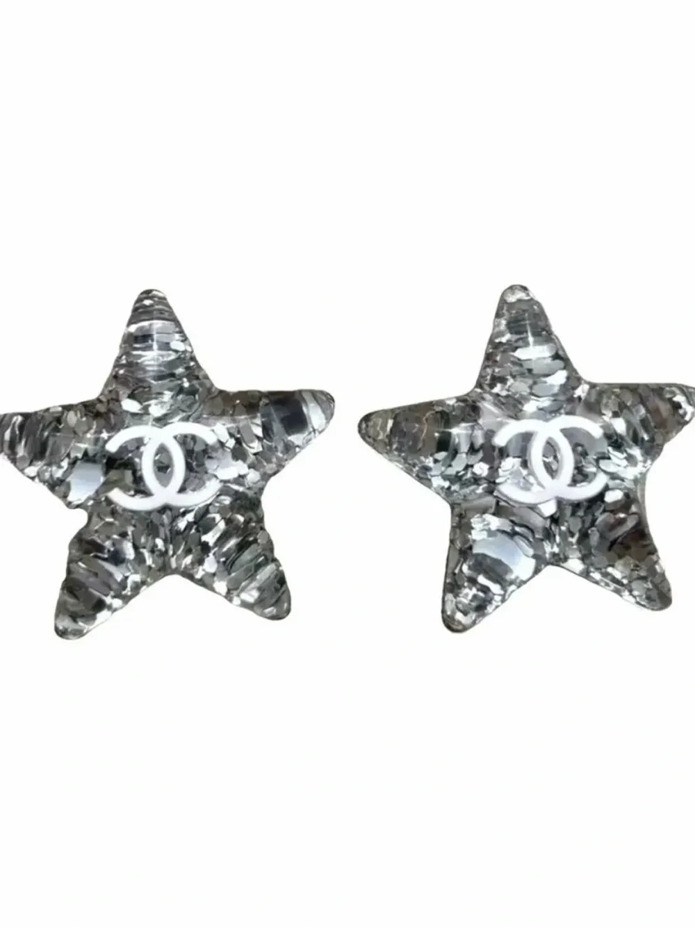 CHANEL White CC Silver Glitter Resin Star Studs